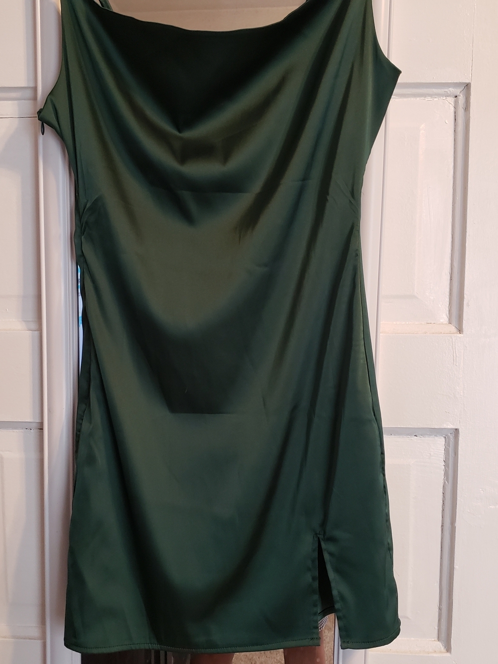 SHEIN Dark Green Satin Cowl Neck Mini Dress with Side Slit